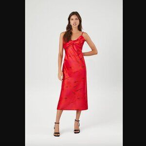 Forever 21 Red Satin Abstract Print Midi Dress M